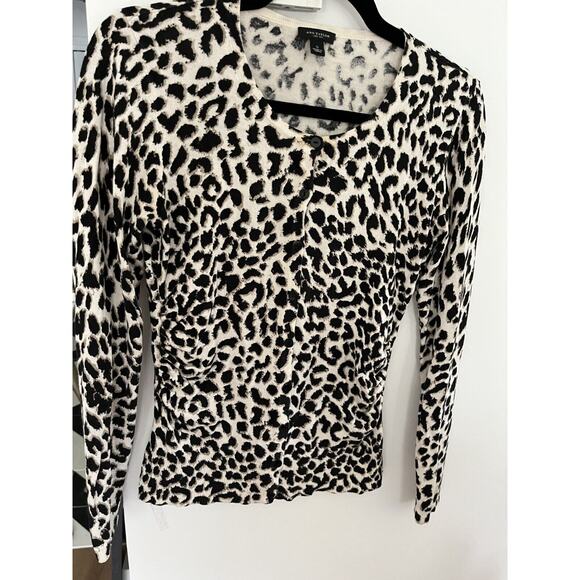 Ann Taylor Womens S Animal Print Silk Blend Pleated Button Up Cardigan Sweater - Picture 1 of 6